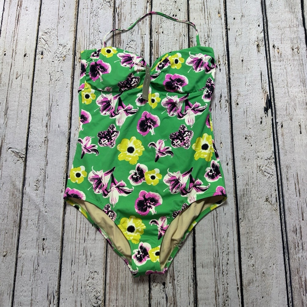 J. Crew Swimsuit Women's 12 Green Floral Halter Removable Strap One Piece NWT